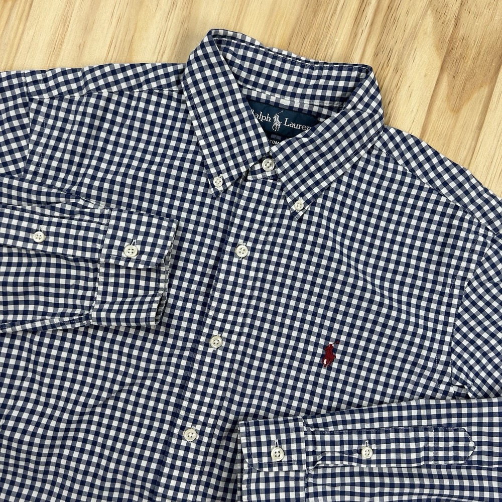 Ralph Lauren Mens M Custom Fit Blue White Gingham Cotton Long Sleeve Button Up